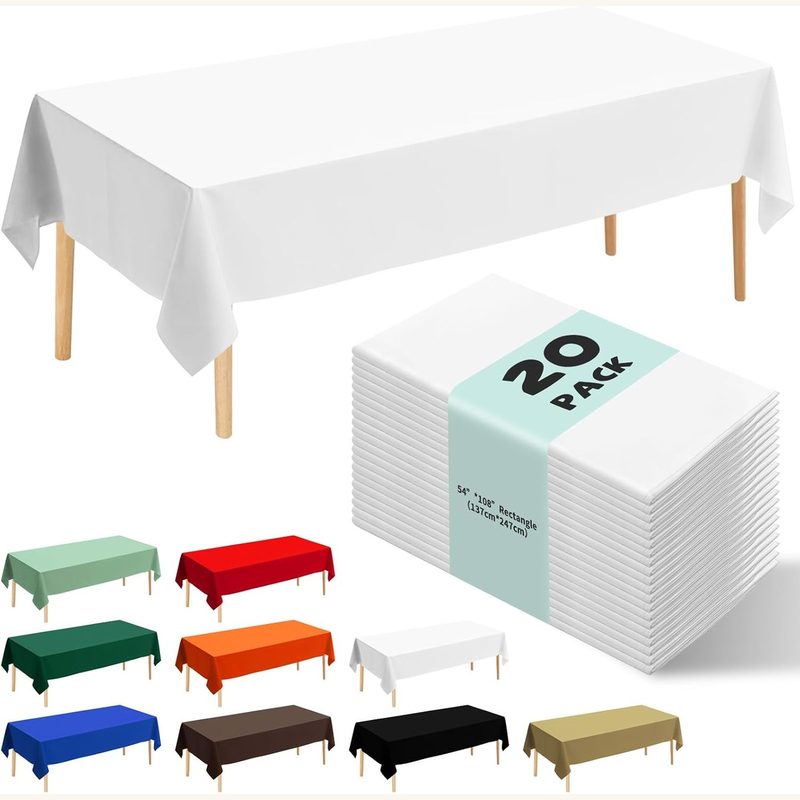 20 Pack White Disposable Plastic Table Cloth 54 x 108 Rectangle Premium Disposable Tablecloth